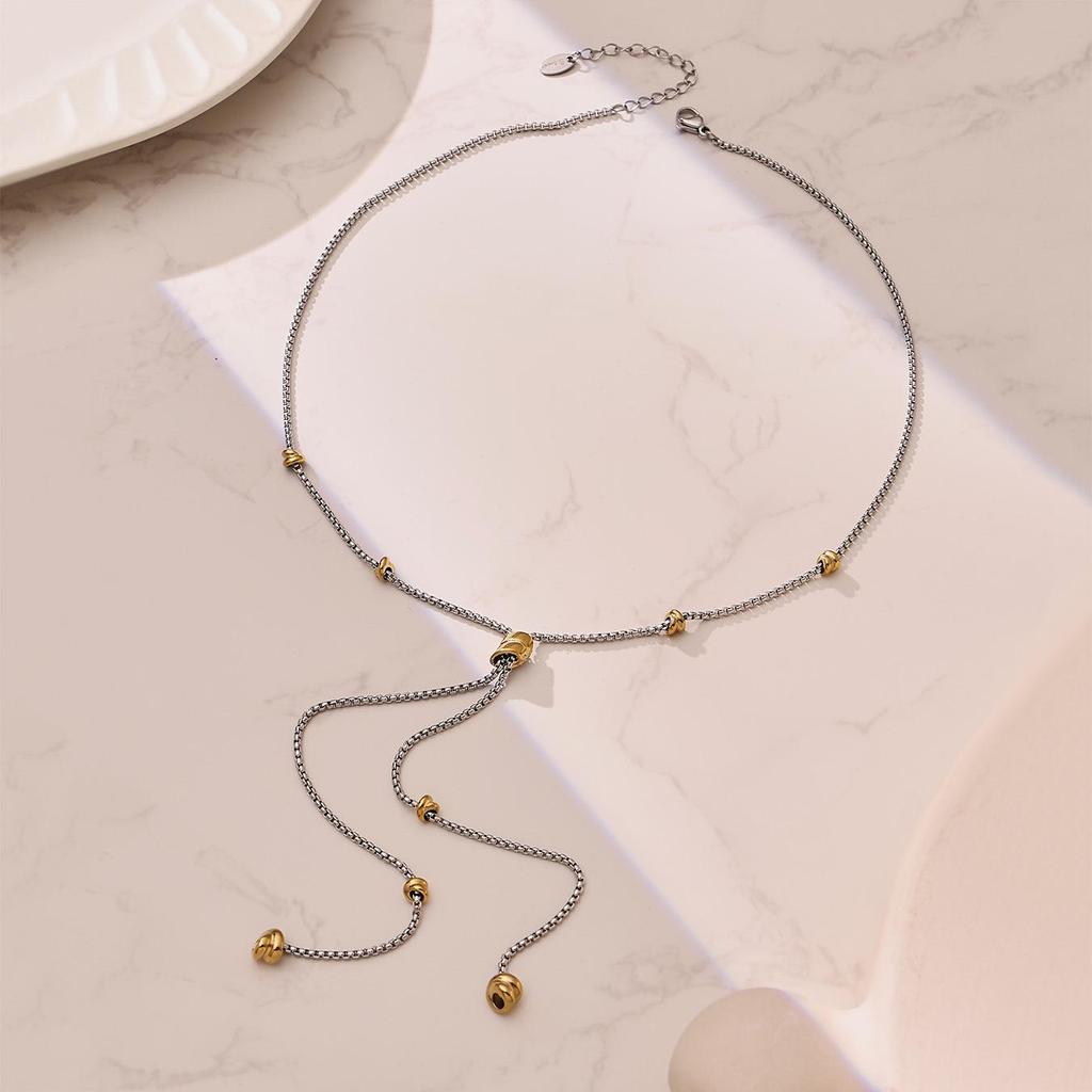 Two-tone Zircon Pull-out Necklace: European & American Style, Stainless Steel, Niche Ins Design, High-end Jewelry
