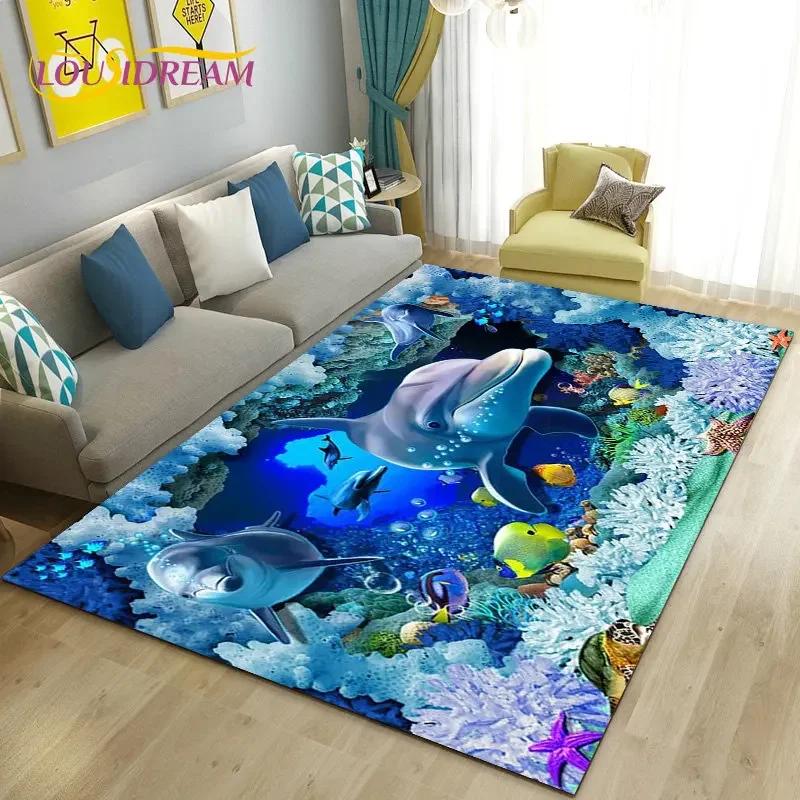 Seabed Illusion Underwater World  Dolphin Shark  Area Rug ,Carpet Rug for Living Room Bedroom Sofa Doormat Non-slip Floor Mat