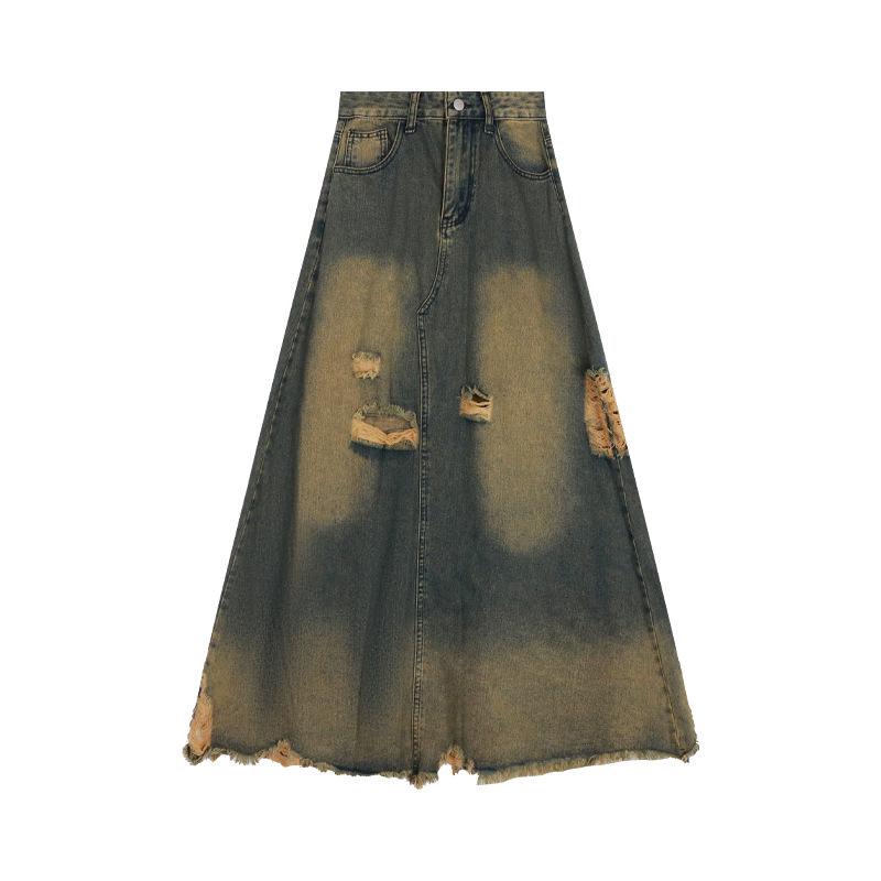 Women's 2024 Nostalgic Retro High-Waist A-Line Denim Skirt with Raw Edge and Ripped Details
