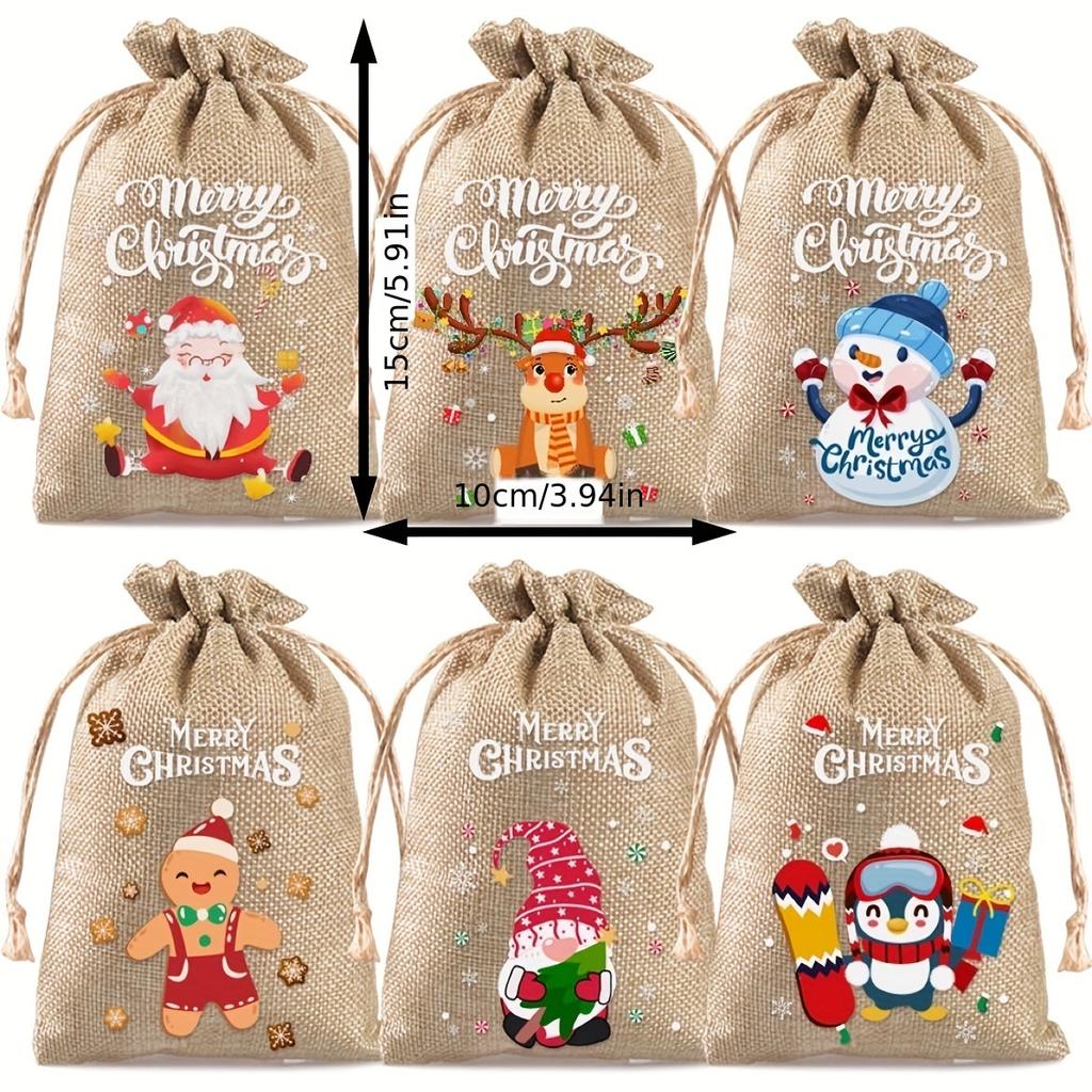 6/8pcs Small Jute Bags with Santa, Reindeer, Snowman & Christmas Tree Designs for Gift Wrapping, Christmas Decorations