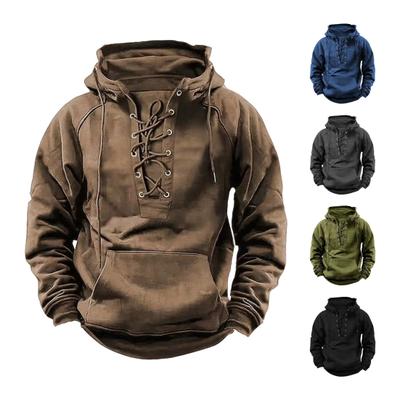 Fall Winter Men Hoodie Lace-up Strap Loose Elastic Cuff Retro Warm