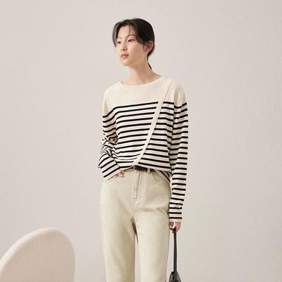 Striped Knitted Sweater Women's Autumn and Winter New Design Crew Neck Top Lazy Style Inside Bottoming Sweater Jacket