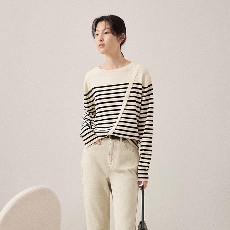 Striped knitted sweater women's autumn and winter new design crew neck top lazy style inside bottoming sweater jacket