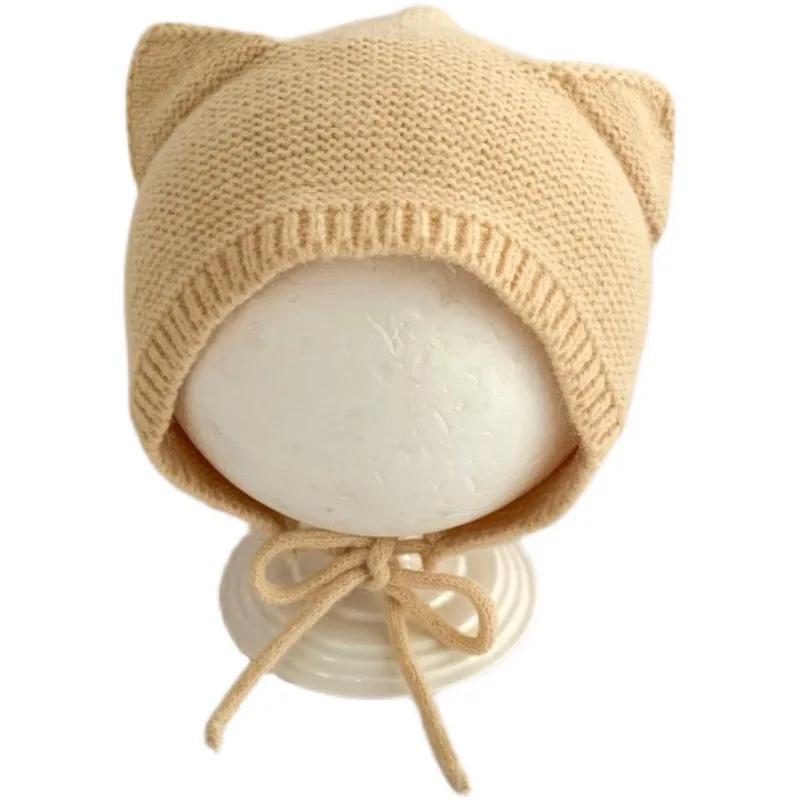 New Cute Autumn Winter Baby Knitted Hat Solid Color Cat Ear Baby Girl Boy Bonnet Infant Toddler Warm Ear Protection Beanie Cap