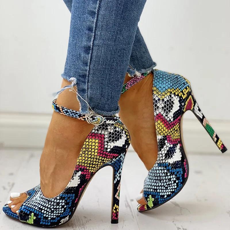 2026 Summer Leopard Print Sandals For Women Sexy Stiletto High Heels Open Toe Ankle Buckle Shoes Ladies Sandales Femme