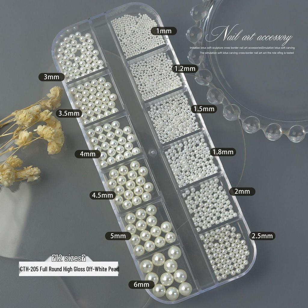 12-Grid High-Gloss Pearl Rice White Nail Art Decorations: 6-Piece Round and Half-Round Mixed Size Set