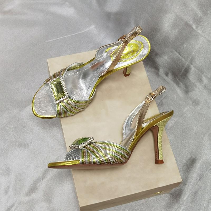 Summer Women's High Heels, Vintage Rhinestone And Gemstone Sandals, Peep-toe Color-blocked High Heels And Slippers.