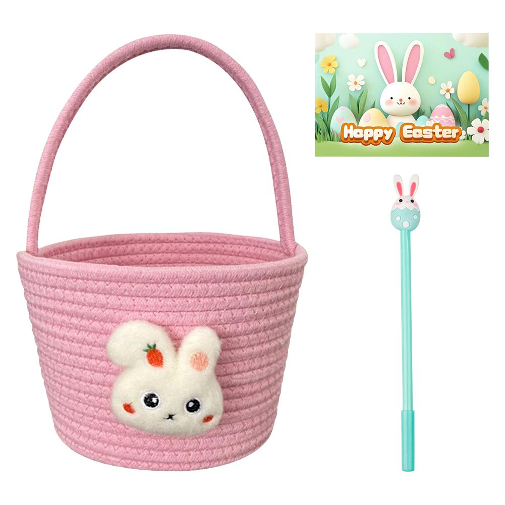 Easter Basket with Handle Bunny Gift Basket Cotton Thread Hand-Woven Basket Easter Gift Storage Basket for Girls Boys