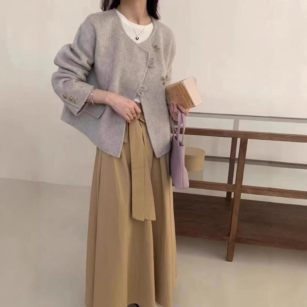 Latest Korean Style Round Neck Double-sided Wool Coat Short Style for Small and Trendy Women's
