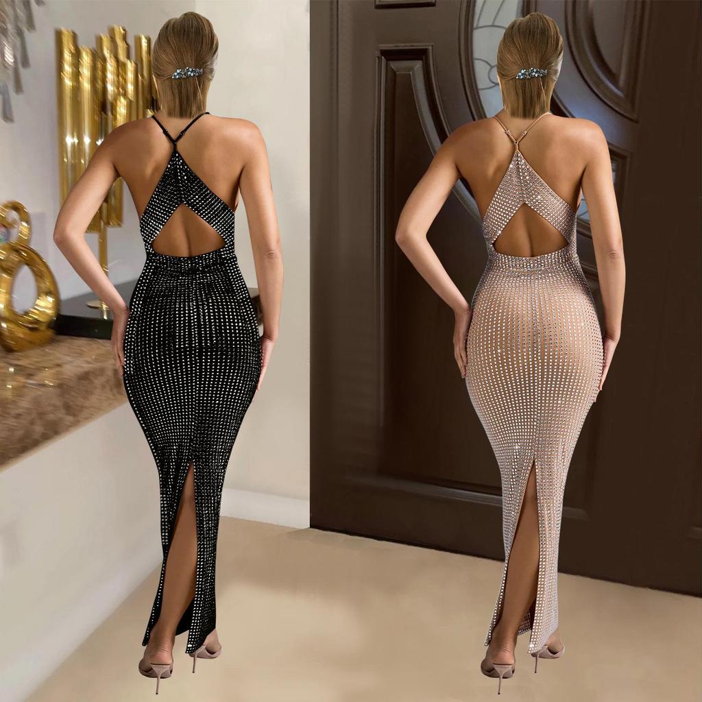Robe longue sans manches à col en V ornée de strass - Mode féminine européenne et américaine (C6963)