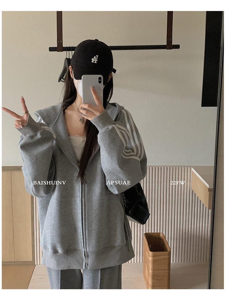 Cárdigan Sudadera Oversize Azul para Mujer, Estilo Coreano 2025, Diseño de Hombro Recto, Corte Holgado, Perfecto para Primavera y Otoño.