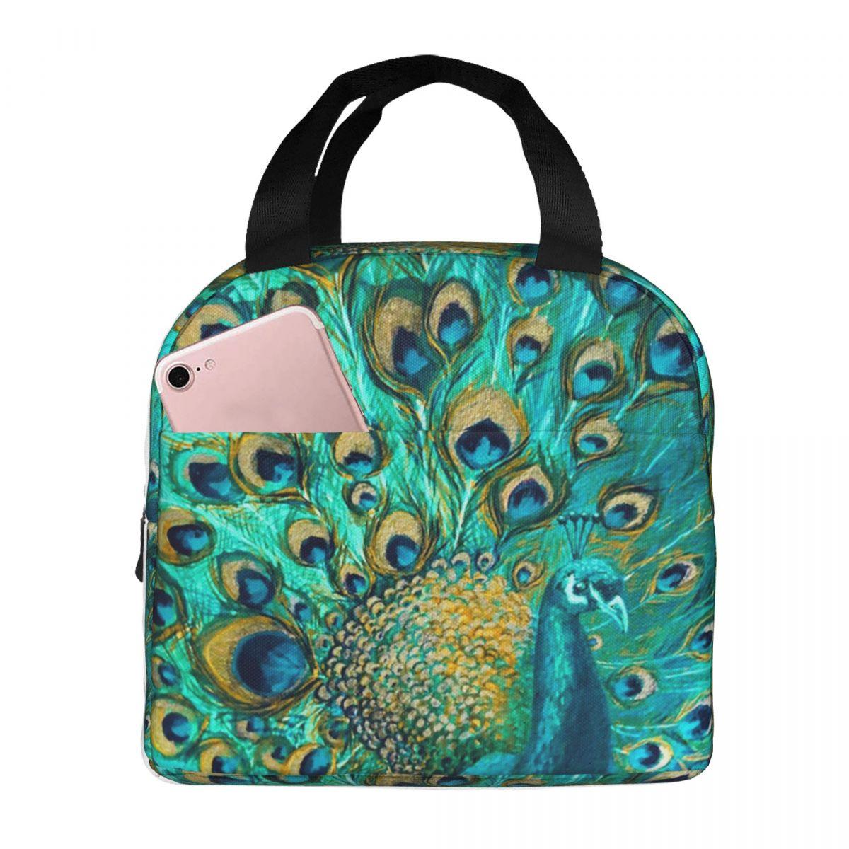 Colourised Aqua Peacock Feathers Insulated Lunch Bag for Kids School Cooler Thermal Food Box Tote Portable Lunch Boxes Container One Size