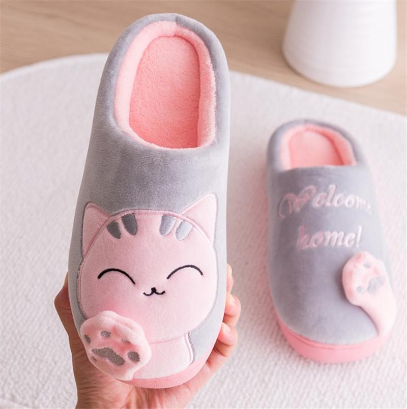 Winter Couple Home Slippers Women Shoes Cartoon Cat Slippers Men Warm Plus Size Slides Indoor Bedroom Non-slip Floor Slipper