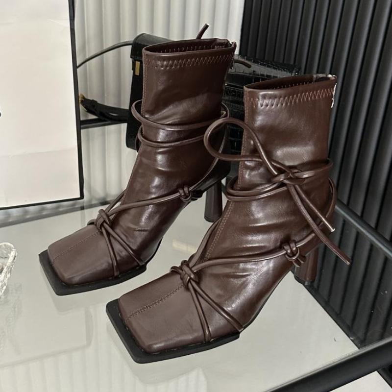 

Fashion Fashion Square Toe Belt Buckle Ankle Boots for Women Punk Style Cross Tied Back Zip Designer Boots Comfortable Botas Para Mujer 40 коричневый
