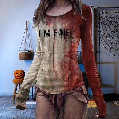 Camiseta de Halloween para Mujer Cuello Redondo Manga Larga Camisa de Terror Estampado de Sangre Sudadera Halloween Ajustada