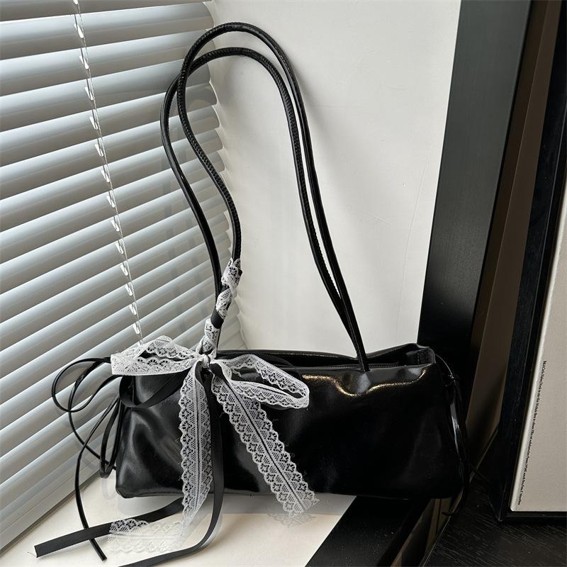 Fashi Bow Lace Ribbs Pu Shoulder Bags for Women Versatile Commuter Ladies Underarm Bag Solid Color Female Handbags Purse