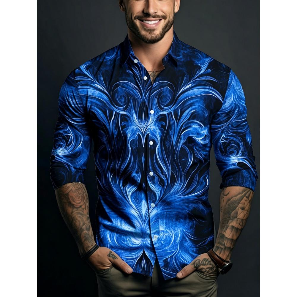 Men's Symmetrical Fluid Pattern Printed Long Sleeved Shirt with Lapel Buttons, Nightclub Party Trendy Men's Top