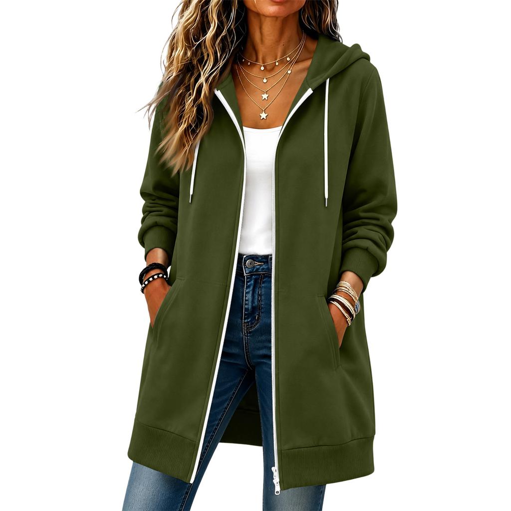 Veste longue à capuche pour femme avec double fermeture éclair, manches longues et poches