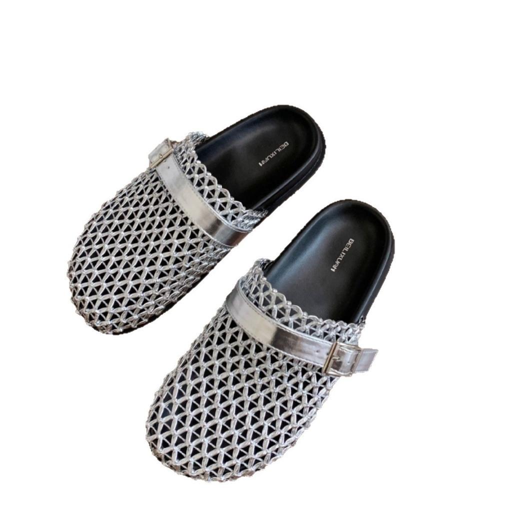 Retro Hollowed-Out Woven Bag Head Slippers Women'S Summer Wear One-Pedal Versatile Breathable Lazy Half Slippers