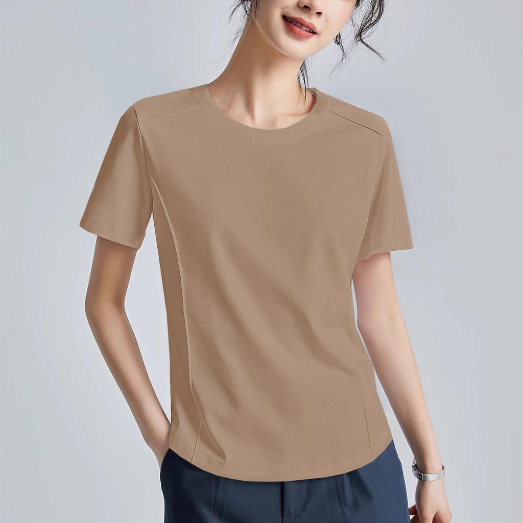 Women's Short Sleeve Basic Top O Neck Casual Chic Tee Solid Color Curved Hem Splicing T Shirt