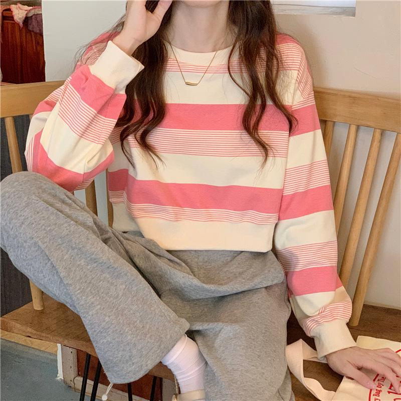 Women's Striped Contrast Color Long-Sleeve T-Shirt, Round Neck, Trendy Autumn/Winter Style for Female Students
