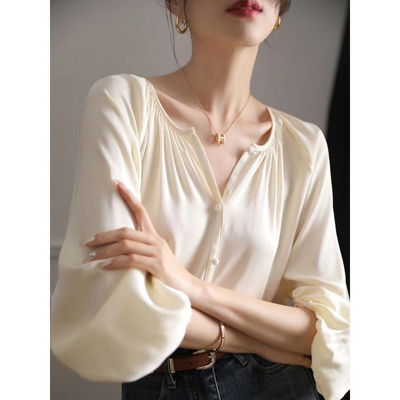 

Парижская экспортная очистка оригинального заказа Новое поступление Дизайн во французском стиле Рубашка с рукавом три четверти Женские нарядные атласные топы из ацетата Apricot color S