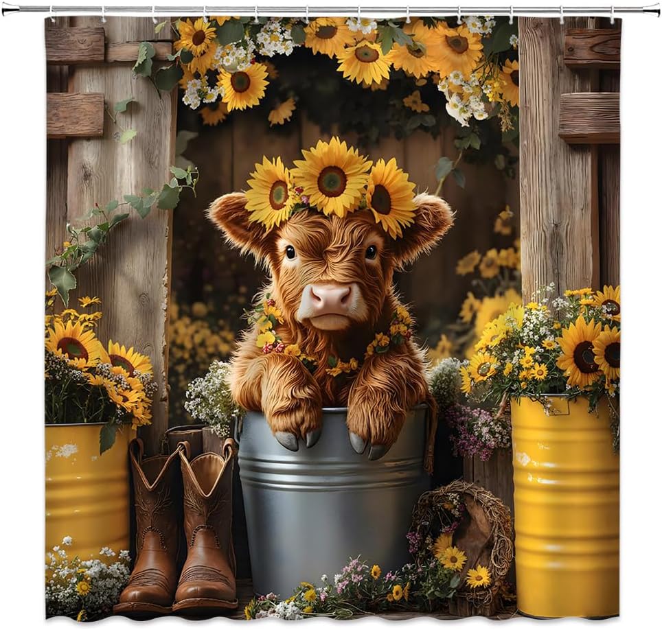 Tenda da Doccia Mucca Scozzese Carina Girasole Rustico Vintage Western Cowboy Mucche Divertenti in Secchio Bestiame Rurale Toro