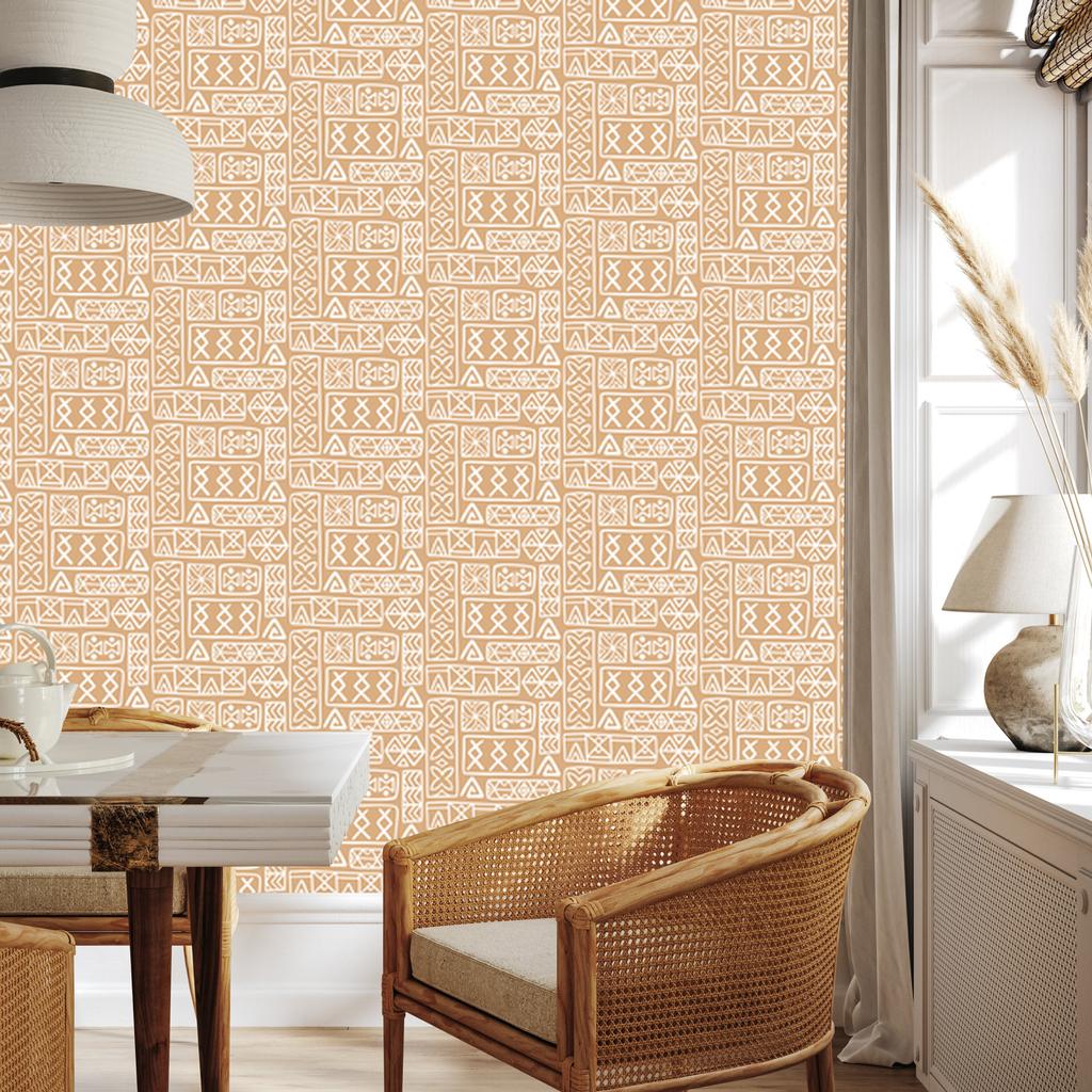 Polynesian Geometric Pattern Wallpaper Cream and Gold 50x1000