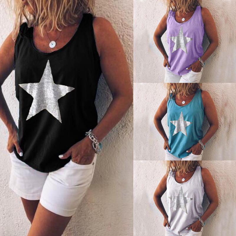 Stylish Plus Size Women Sleeveless Star Print T-shirt In Five Vibrant Colors