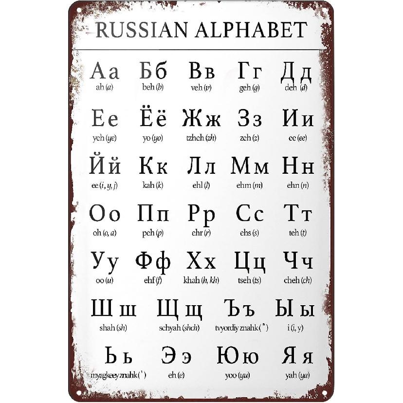 Vintage Metal Sign Russian Alphabet Chart Poster Cyrillic Language Typeface Tin Sign Wall Art Decor Plaque for Home Bar Pub Club Cafe Living Room