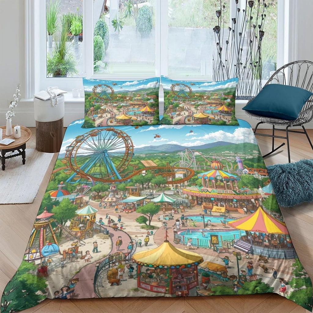 Amusement Park Duvet Cover Set For Kids Boys Girls Lightweight Down Quilt Covers Room Decor 2 Pillowcases 1 Duvet Cover No Quilt