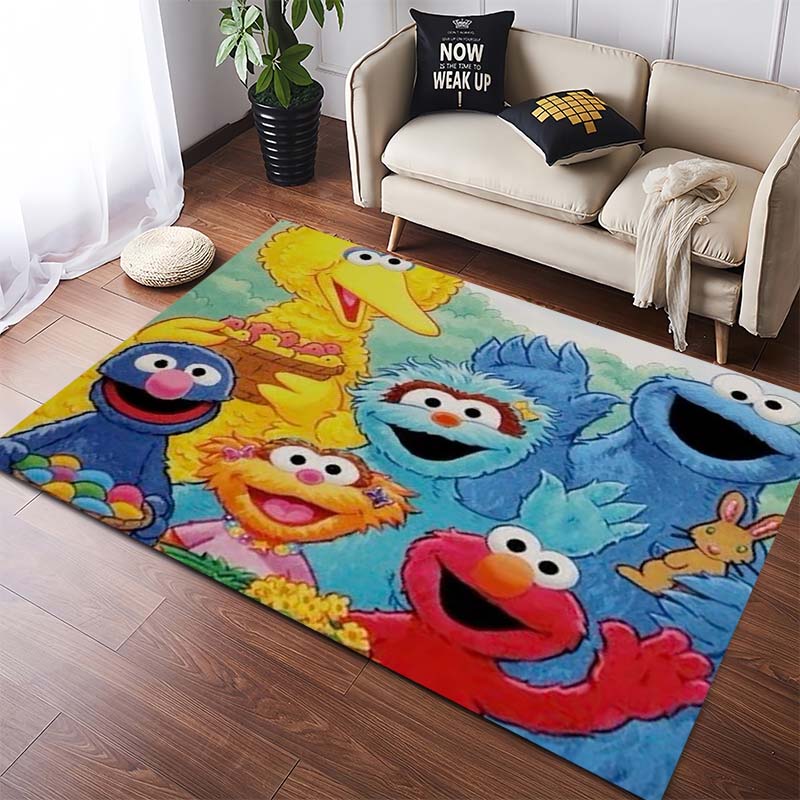Sesame Street Elmo Black Background Logo Cartoon Print Anti-slip Area Rug Living Room Bedroom Decor Floor Mat For Cartoon Fans