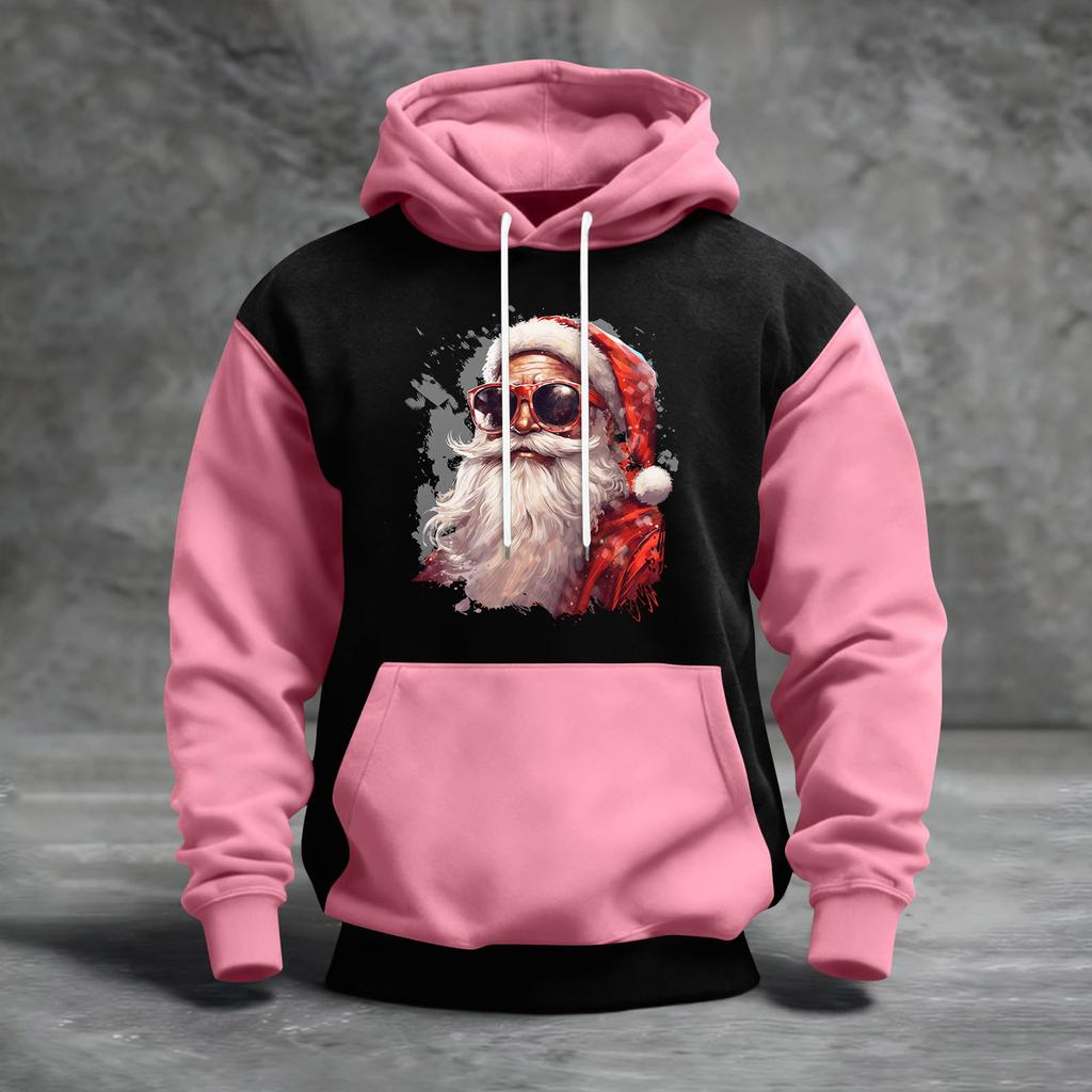 Erkek Noel Baskılı Renk Bloklu Kapüşonlu Günlük Spor Konfor Sweatshirt