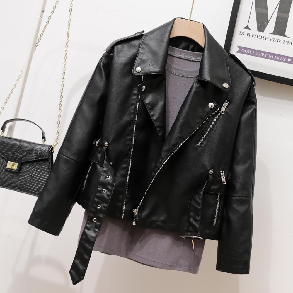 2024 autumn new Korean version shoulder badge thin leather jacket waist lapel short jacket loose knight leather jacket