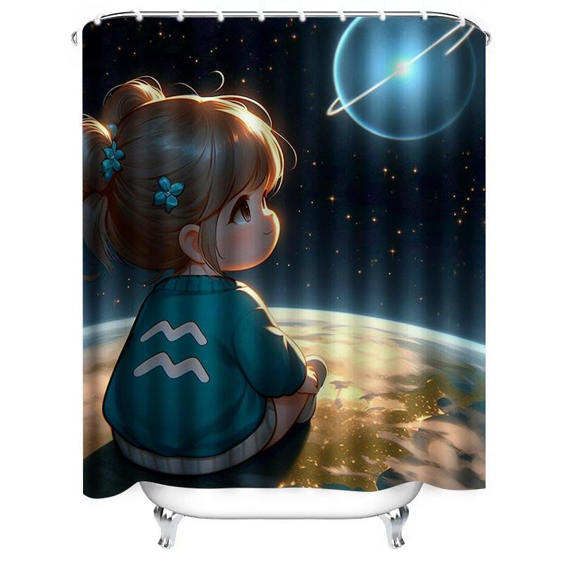 Cute Cartoon Girl Shower Curtain - Space Adventure Design, Waterproof & Mildew-Resistant for Kids' Bathroom Decor, Perfect Gift