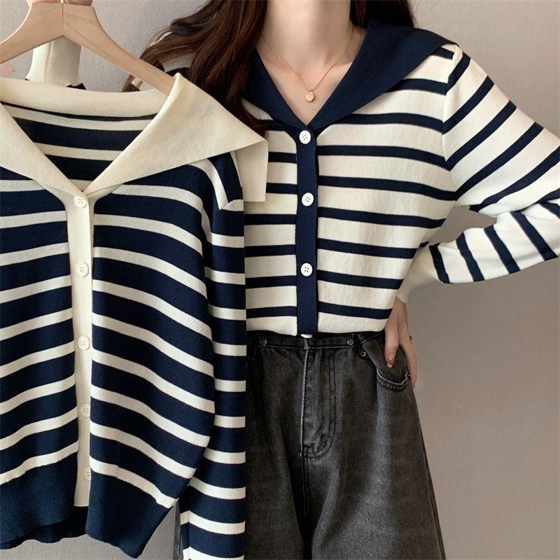 Navy Neck Striped Knitted Cardigan for Women, New Spring and Autumn Style V-neck Thin Long-sleeved Jacket with Contrasting Colors