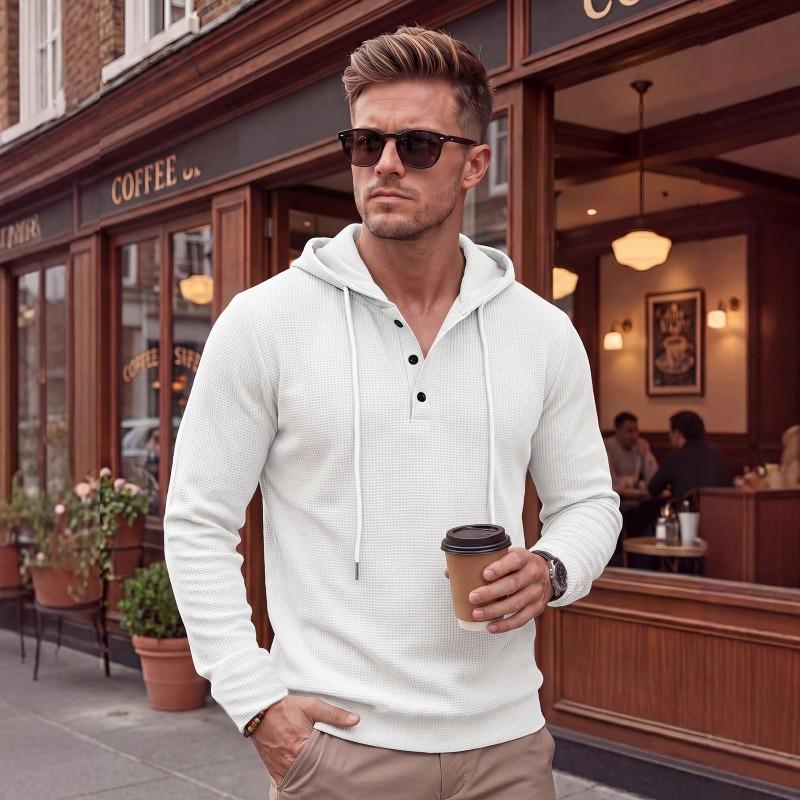 Men's Waffle Knit Hoodie, Loose-fit, Vintage Style, Long-sleeved T-shirt, Henry Style, Casual Hoodie.