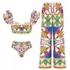 2024 European & American Women's Enamel Print Ruffle Swimsuit Set