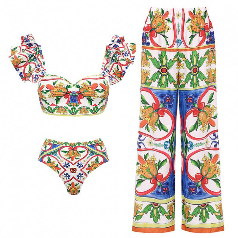 2024 European & American Women's Enamel Print Ruffle Swimsuit Set