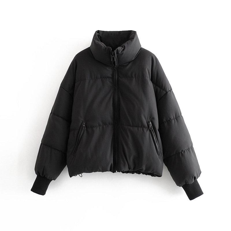 Automne Hiver Femmes Doublure En Coton Court Parka Veste Manteau avec Col Montant Couleur Unie Style Preppy Épais Poches À Fermeture Éclair Oversize XS-L