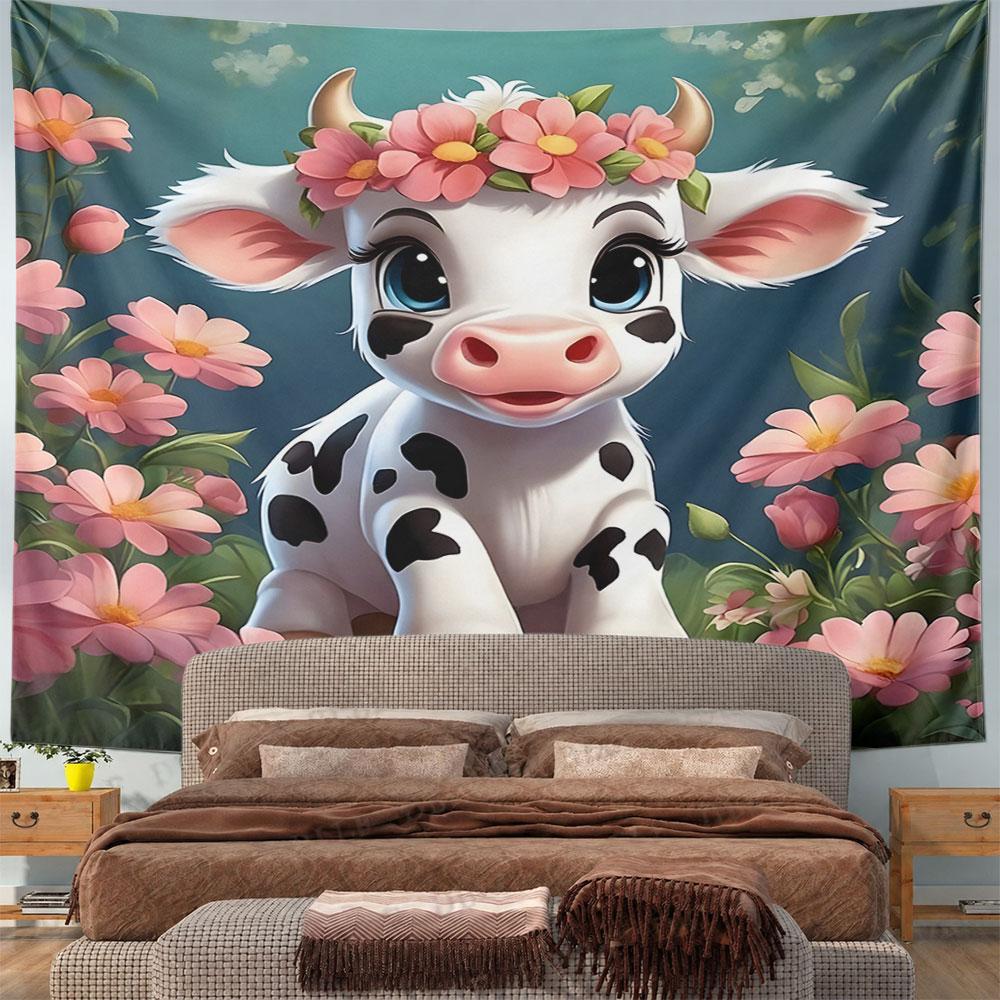 Adorable Cartoon Cow with Flower Crown Pattern Wall Hanging Tapestry Decorative Tapestry Home Decor for Bedroom and Living Room