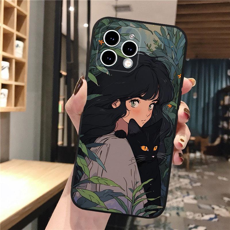 Anime Girl Woman Holding a Cat Phone Case For iphone 16 15 14 Pro Max 16 15 14 13 12 Pro 15Plus iphone 11