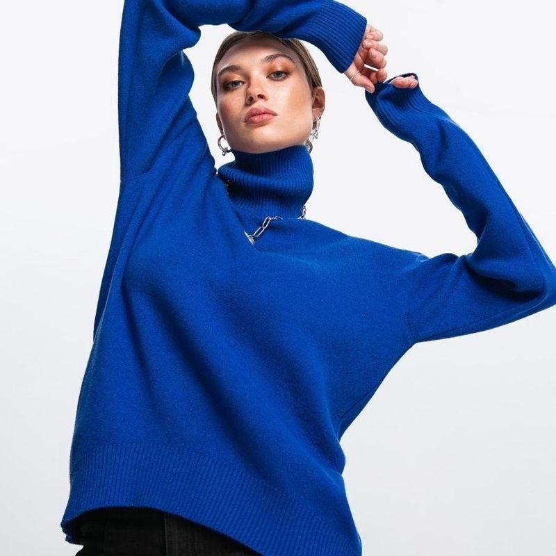Frauen Herbst Winter Lose High Neck Langarm Einfarbig Pullover Chic Gestrickte Tops