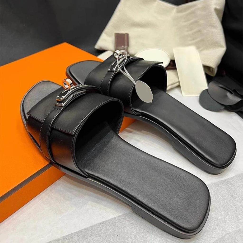 Schaffellversion~ Französische Metallschloss-Slipper Damen Sommer Leder Zehenfrei Flachbodenmode Oberbekleidung Coole Slipper