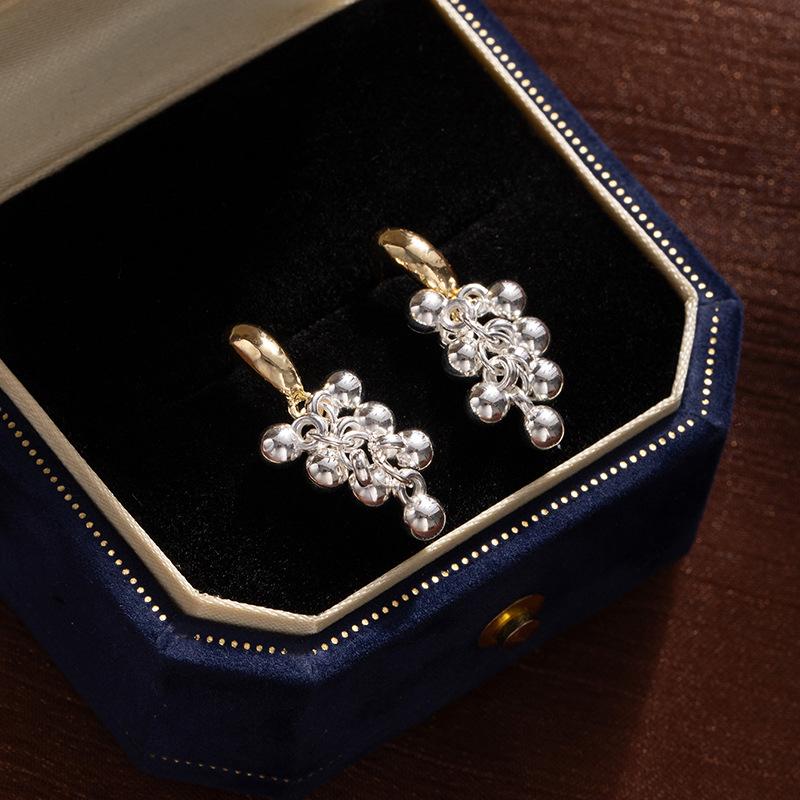 Gold And Silver Contrasting Color Bead String Earrings Temperament Grape String Earrings Niche High-End Earrings Show Face Thin Earrings Women