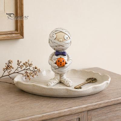 Desk Ornament Mummy Holding Pumpkin Halloween Decoration, Spooky Resin Figurine Decoration Desktop for Indoor Shelf, Tiered Tray Decor Bow Tie Zombie