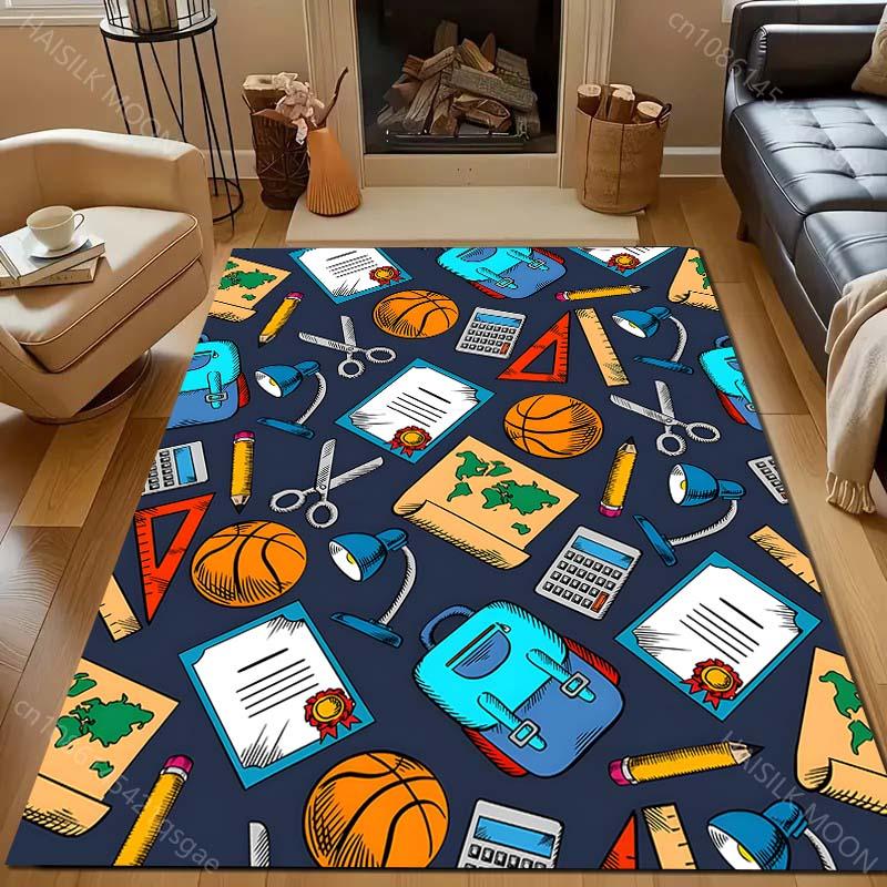 Schoolbags and Stationery Print Carpet for Living Room Bedroom Bedside Sofa Floor Mat Modern Home Decor Area Rug Kids Room