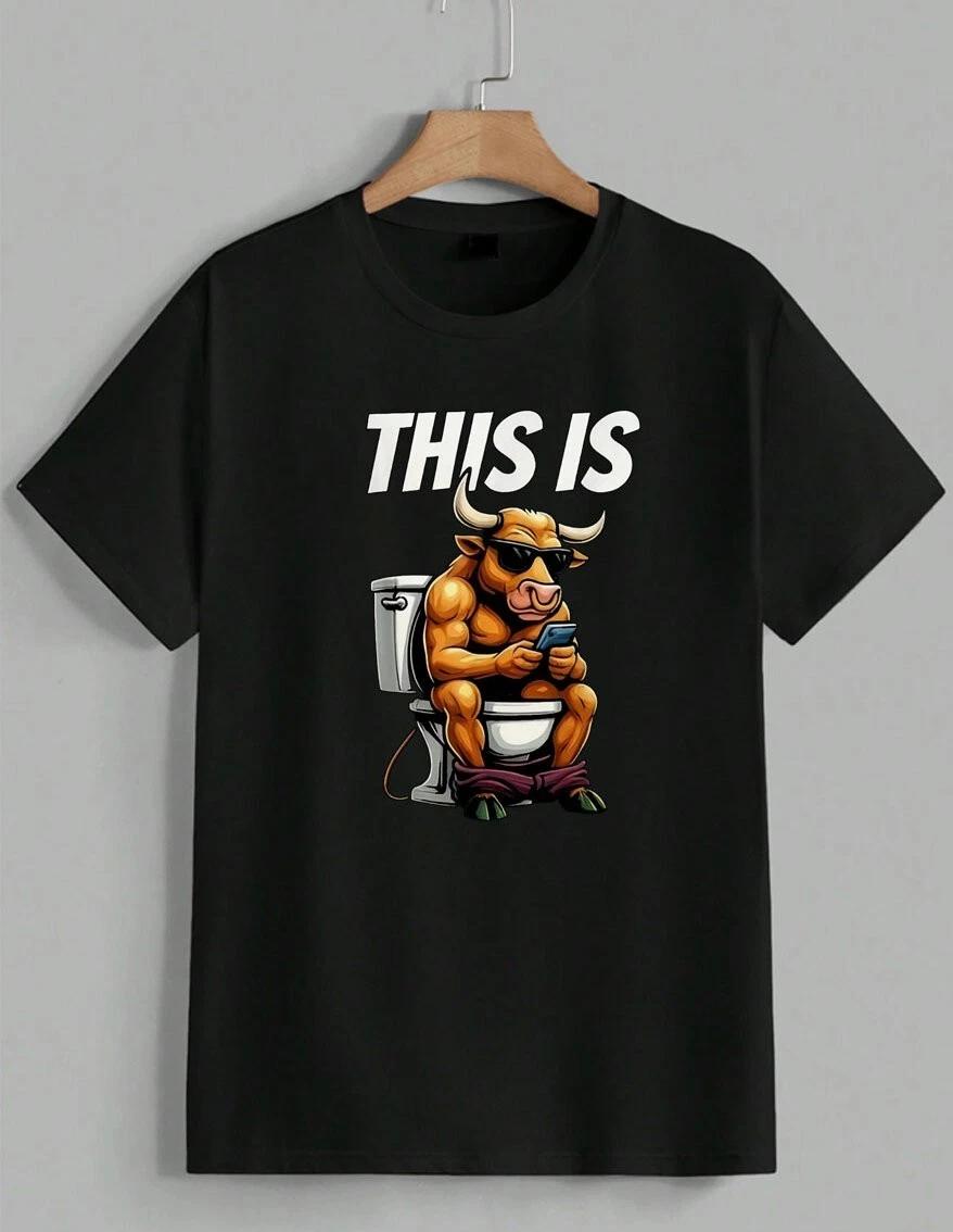 Funny Bull Sitting on Toilet Graphic Tee This Is Bull Humor Meme T-Shirt Unisex M