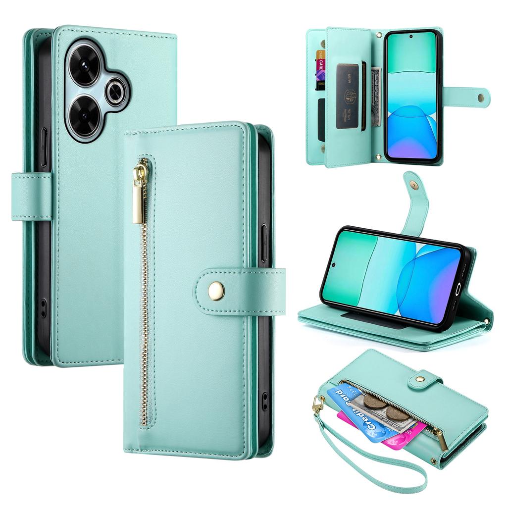 DF-011 For Xiaomi Redmi 13 4G/13 5G Case Zipper Pocket Wallet Leather Phone Cover with Straps