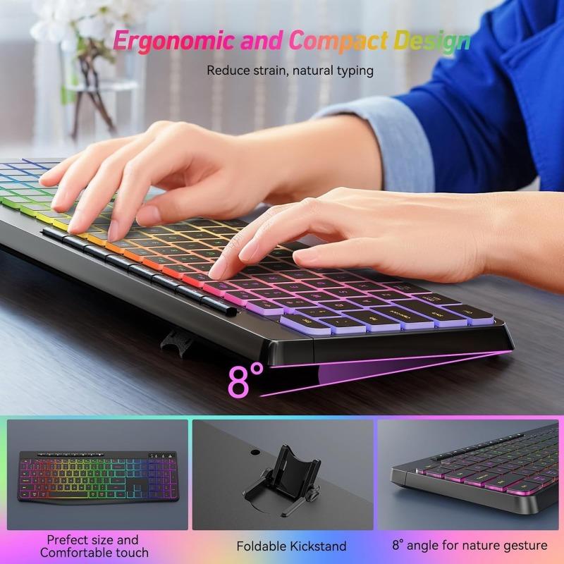2.4G Wireless Keyboard Mouse Set RGB Backlit Rechargeable Full-Size Rechargeable Ergonomic Business Office Keyboard & Mouse Set